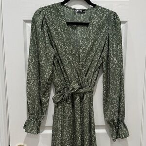 BTFBM Olive Green Floral Long Sleeve Maxi Ruffle Dress